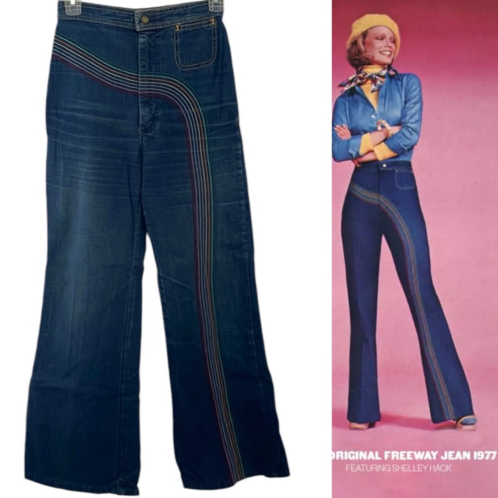 Vintage Lee 1977 rainbow jeans with rainbow embroidery “freeway”